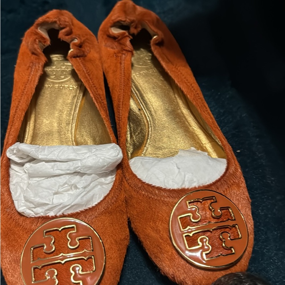 Tory Burch Orange Suede Flats with Logo Medallion